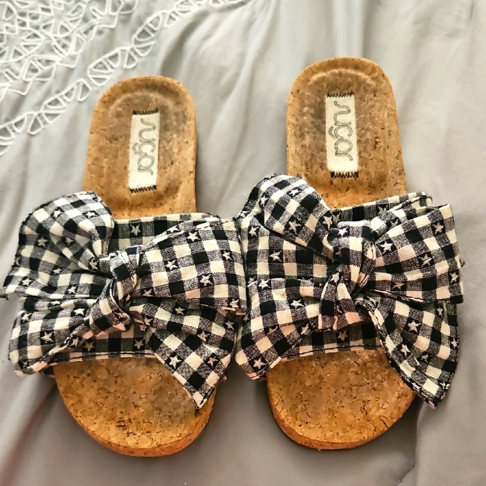 Size 7.5 Womens Xenon Cork Flat‎ Bow Juco Black and White Gingham Sandals